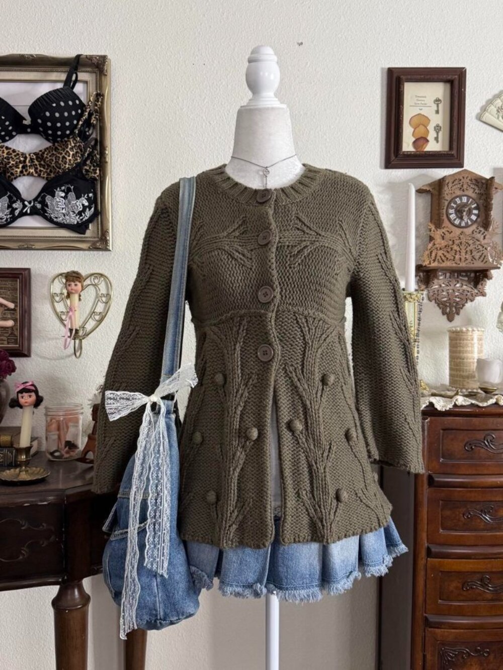 Y2K whimsical fairy grunge olive green cozy knit babydoll cardigan w 3/4 length